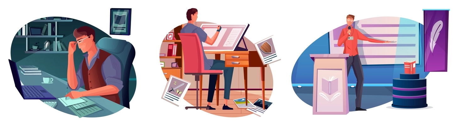 Flat composition set with writer illustrator at work and man presenting new book isolated vector illustration