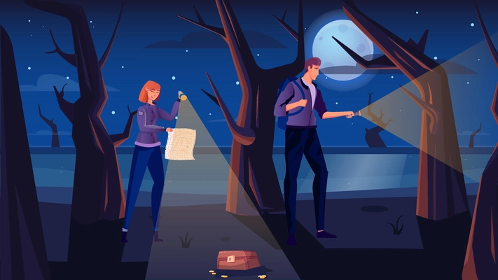 Man and woman with map and torches doing treasure hunt in forest at night flat vector illustration
