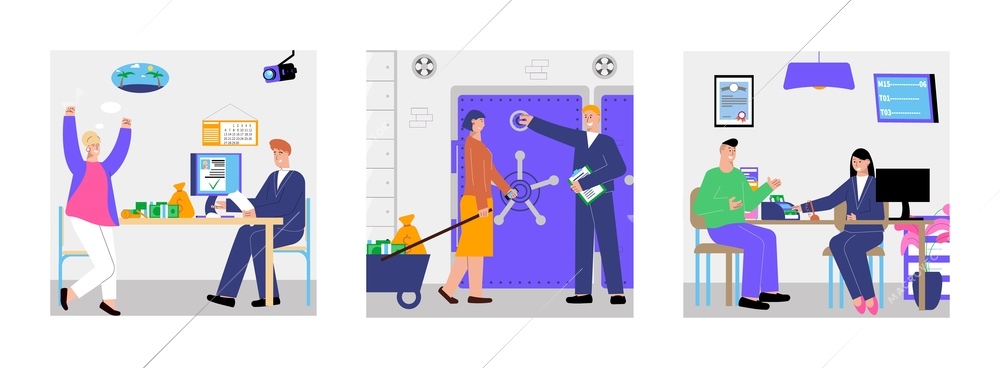 Bank design concept with square compositions of flat images clerks with clients and branch bank scenery vector illustration