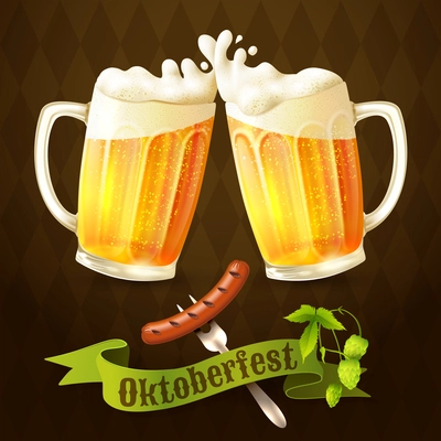 Glass mug of light beer with sausage and hop branch Oktoberfest poster vector illustration.