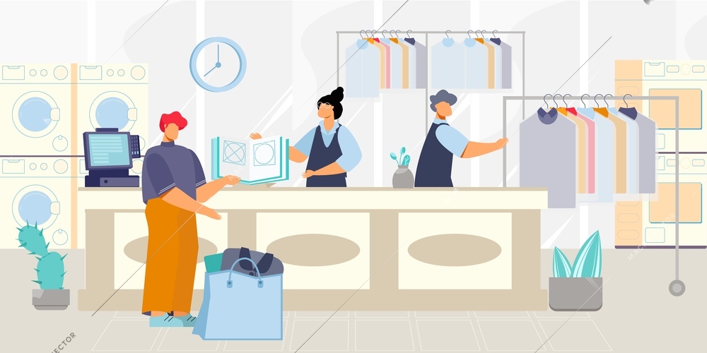 Dry cleaning flat composition with wash house indoor scenery and counter with employees communicating with clients vector illustration