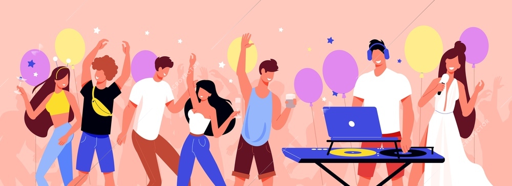 Teenagers birthday party flat horizontal composition with balloons playing vinyl records dancing singing hilarious celebration  vector illustration