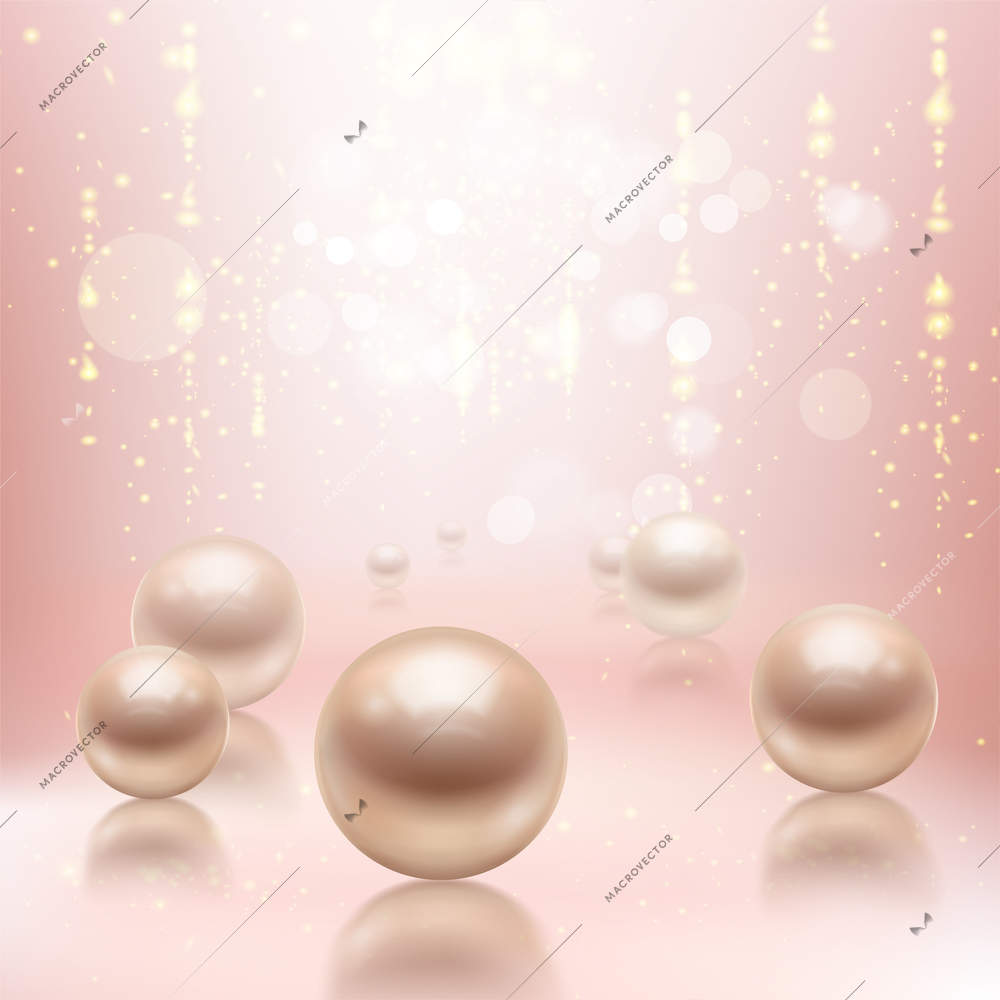 Realistic pearls background composition with big pearl beads on glossy surface with reflections and flare lights vector illustration