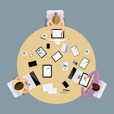 Brainstorming business communication concept top view group people on table vector illustration