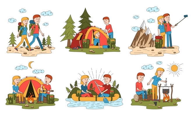 Travel vacation set of cartoon style compositions with camping activities of loving couple in the wild vector illustration