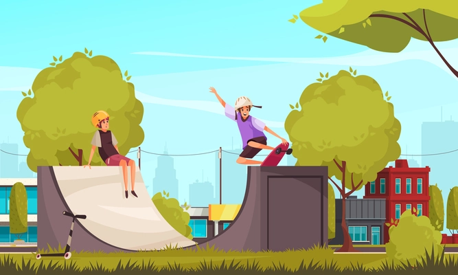 Outdoor activities with urban district scenery and characters of teenagers skating on skate park quarter pipe vector illustration