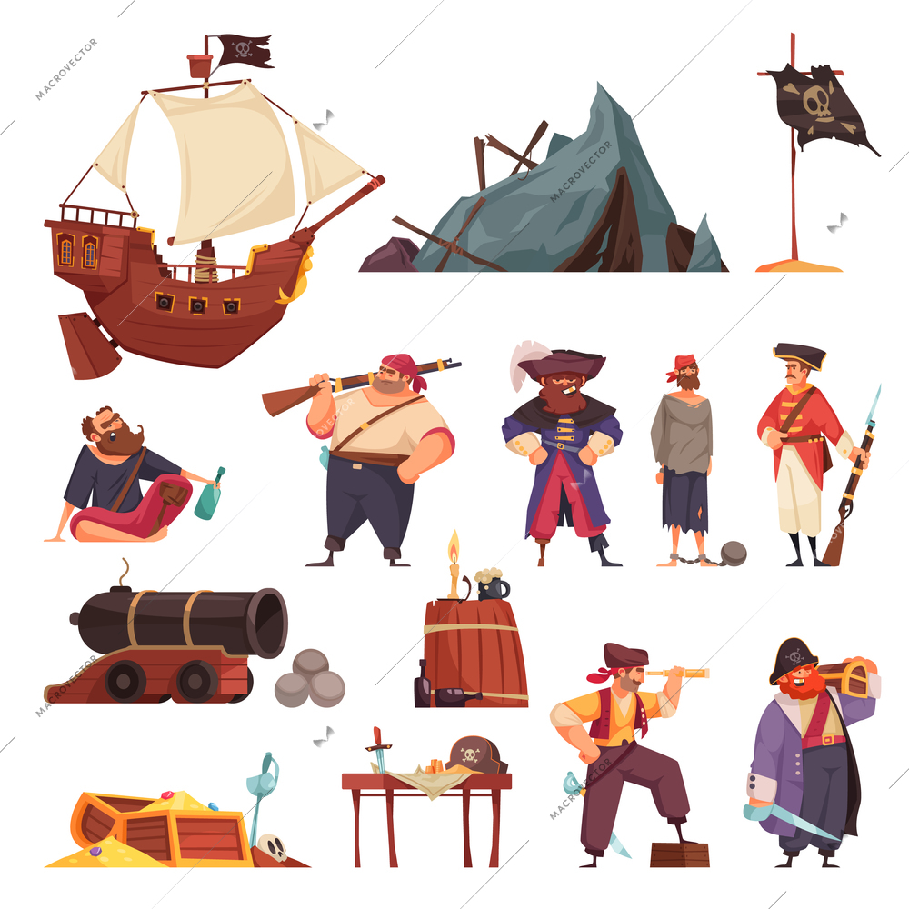 Pirate set with isolated icons of ship wreck and weapons with doodle style characters of pirates vector illustration