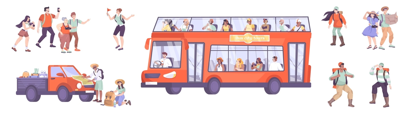 Excursion set of flat icons with car sightseeing bus and human characters of travelers and tourists vector illustration