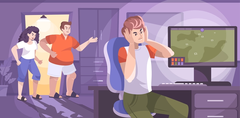 Naughty teen flat composition with indoor living room scenery computer and parents arguing with teenage son vector illustration