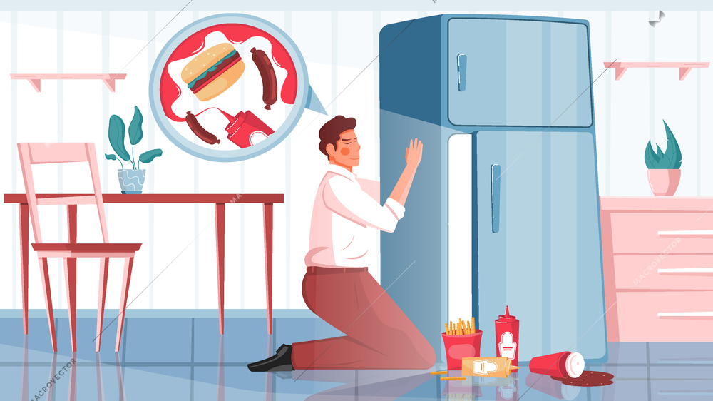 Gluttony flat composition with view of kitchen with man next to fridge with junk fast food vector illustration