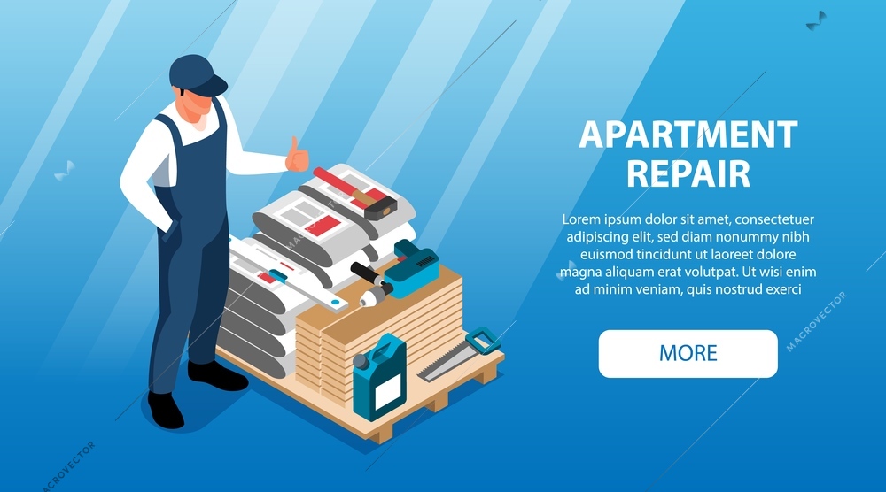 Isometric apartment repair horizontal banner with repairman character with materials equipment more button and editable text vector illustration