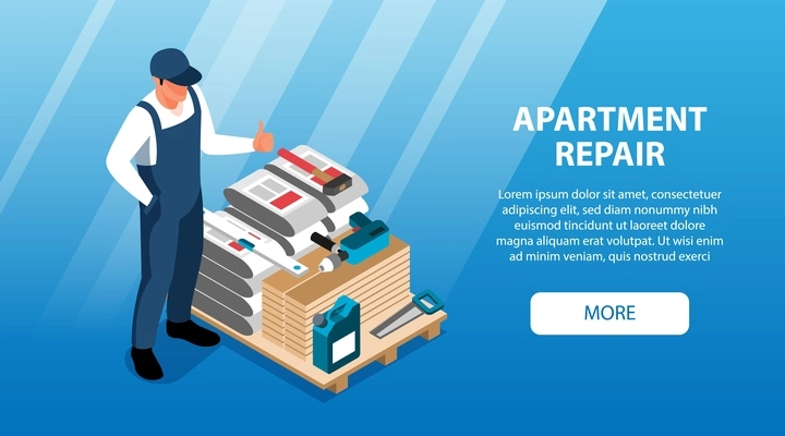 Isometric apartment repair horizontal banner with repairman character with materials equipment more button and editable text vector illustration