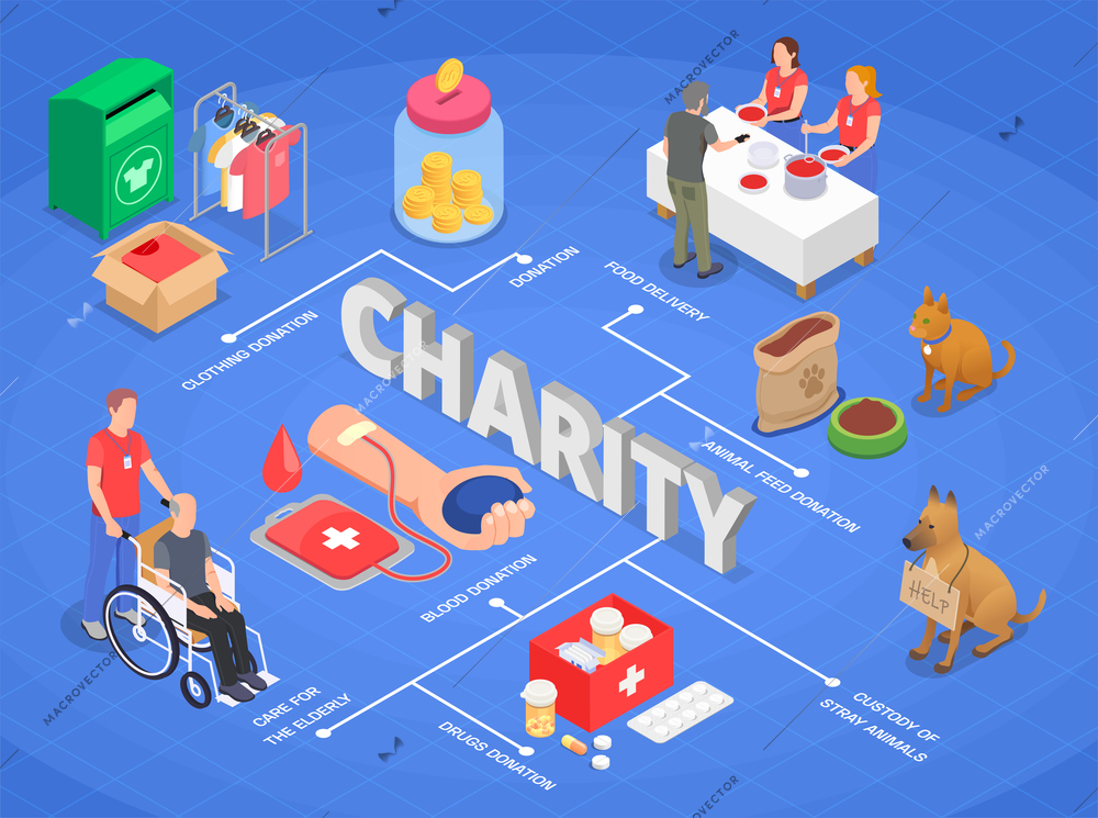 Charity donation volunteering flowchart composition with isometric images of volunteers spare goods homeless animals and text vector illustration