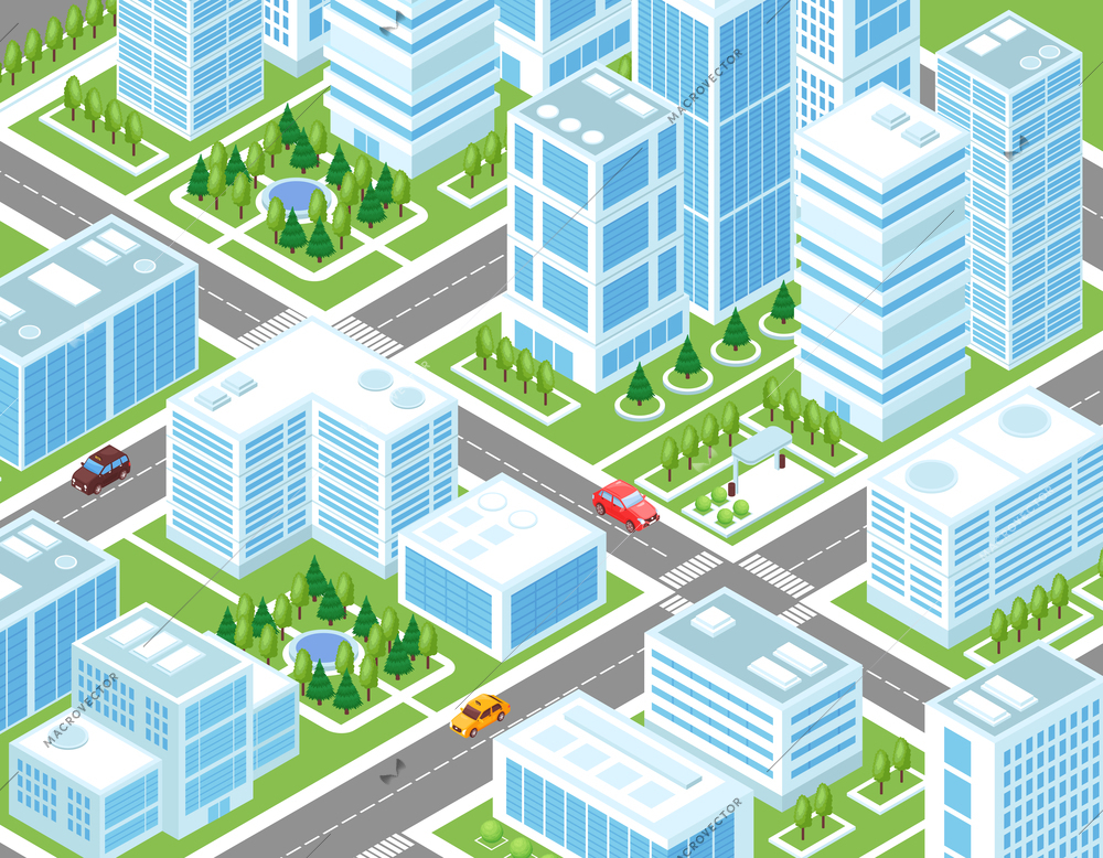 Isometric industrial city composition with birds eye view of modern town with tall buildings and streets vector illustration