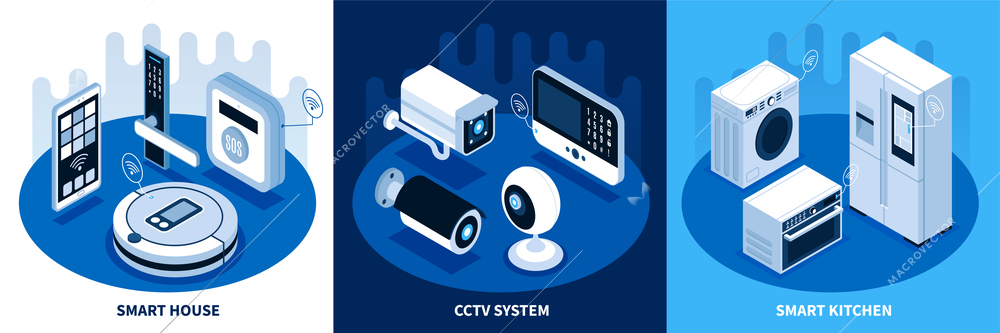 Isometric smart home design concept with set of three compositions with electronic gadgets and text captions vector illustration