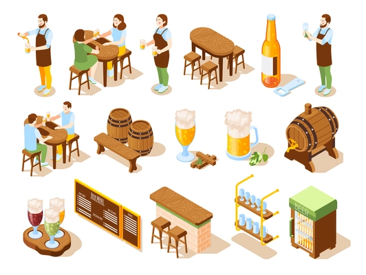 Beer pub isometric icons bar counter kegs menu board bartender and visitor characters isolated vector illustration