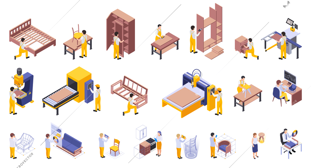 Handcraft Furniture production isometric set of makers engaged in process of design wood pressing sawing drilling polishing surface assembly isolated vector illustration