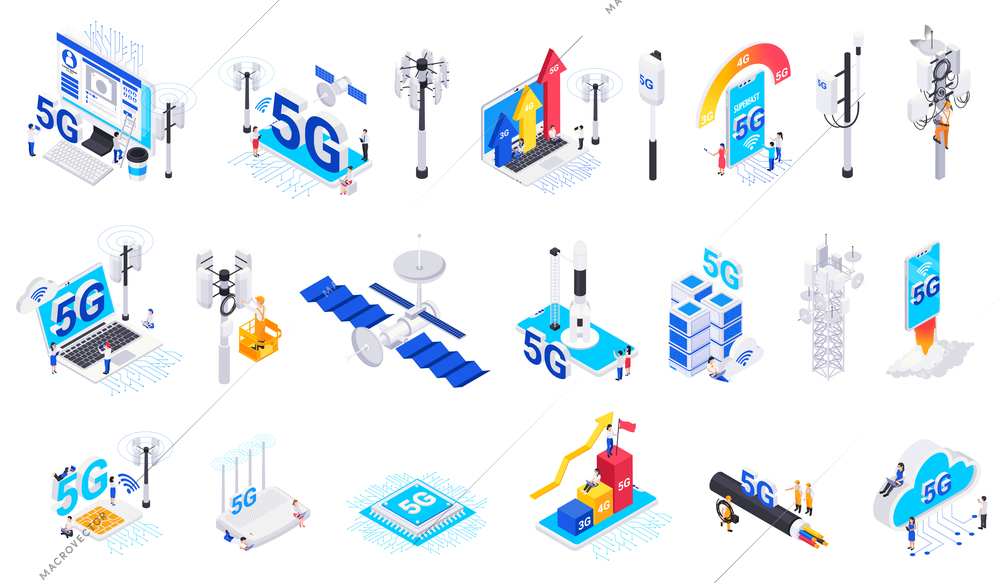 Internet 5G technology isometric icons set of modern net equipment speed  growth diagrams and arrows isolated elements vector illustration