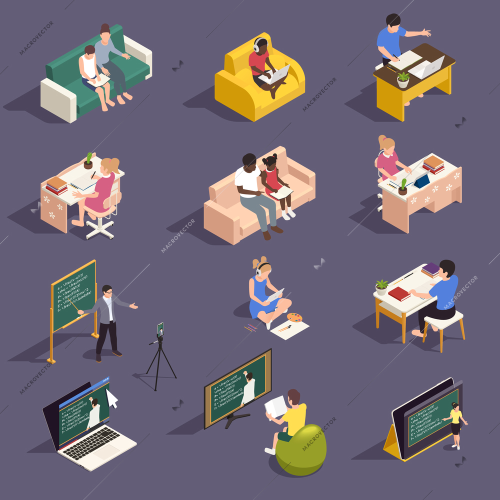 Homeschooling isometric icons set with students and teachers at online lessons isolated 3d vector illustration