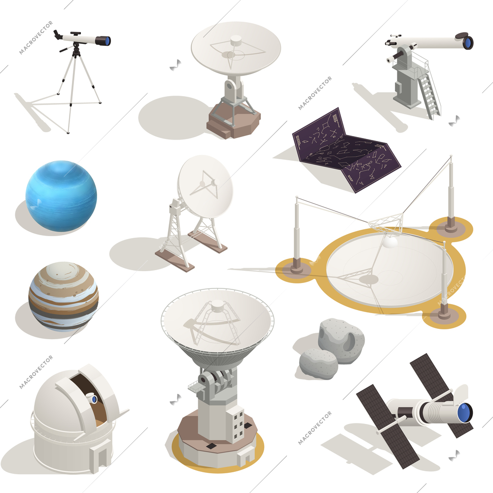 Isometric set of icons with astronomy objects and telescopes isolated on white background 3d vector illustration