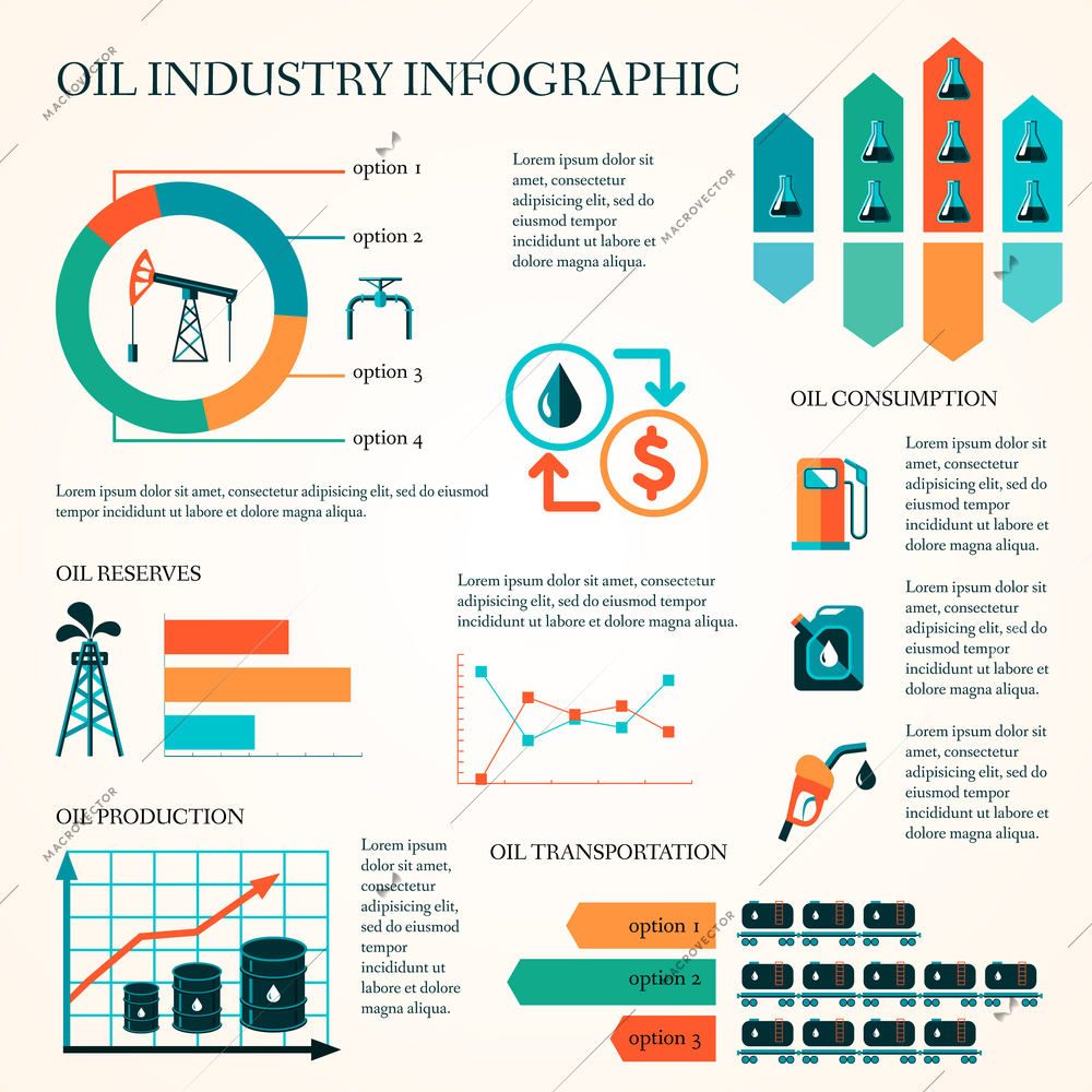 World oil production distribution and petroleum extraction rate infographics diagram layout report presentation design vector illustration