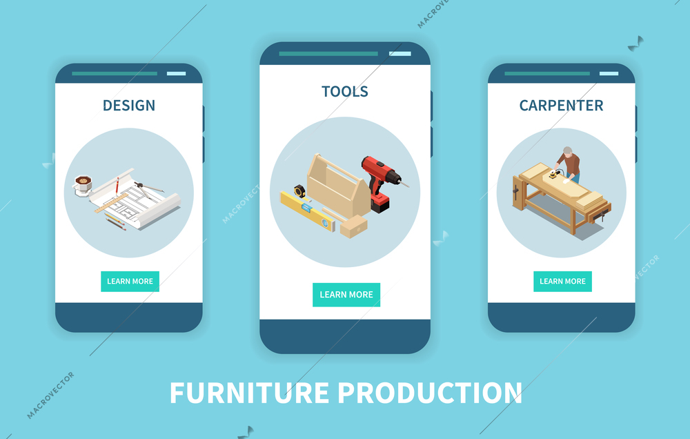 Carpentry custom made furniture online info 3 isometric smartphone screens with tools design woodworking production vector illustration