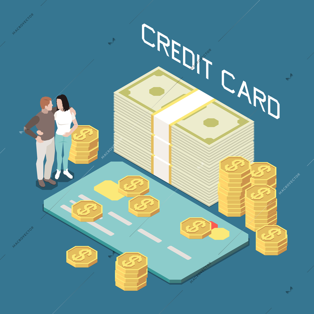 Money borrow with credit card isometric composition with couple surrounded by coins and banknotes piles vector illustration