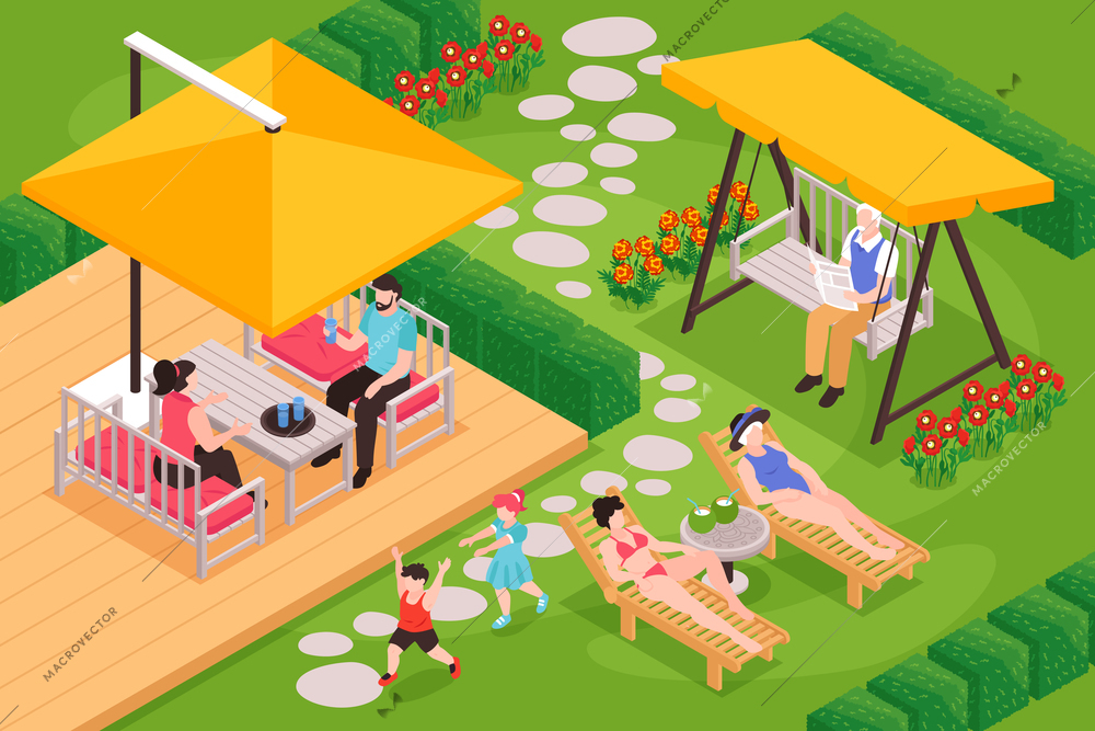 Isometric garden furniture composition with outdoor backyard scenery and people of different age having good time vector illustration