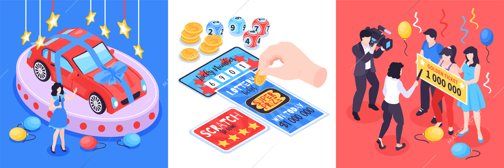 Isometric fortune lottery win design concept with square compositions of drawing balls prize tickets and people vector illustration