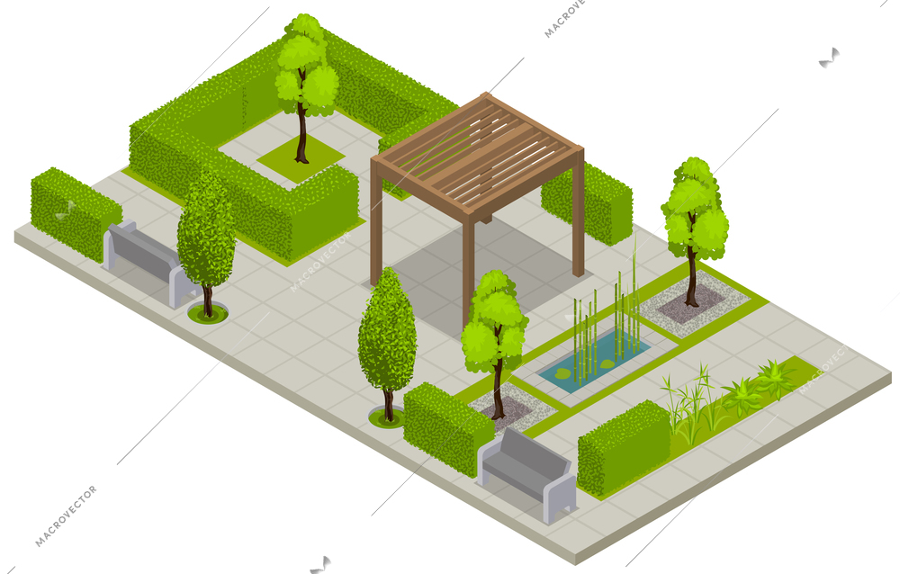 Landscape design isometric composition with view of public park place with green fence trees and terrace vector illustration