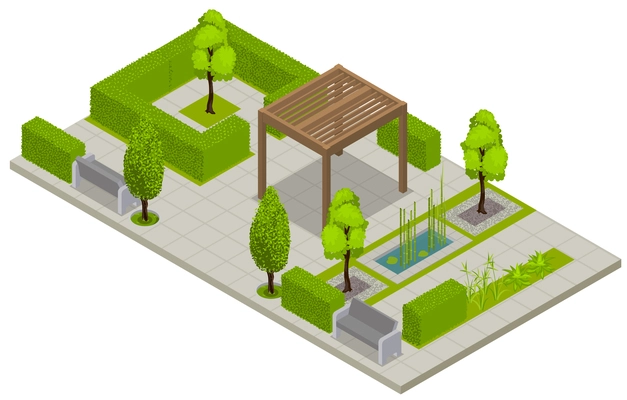 Landscape design isometric composition with view of public park place with green fence trees and terrace vector illustration