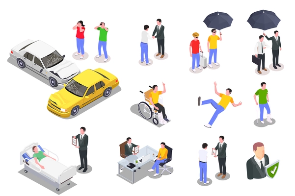 Insurance isometric set of isolated icons characters of agents with contracts and umbrellas on blank background vector illustration