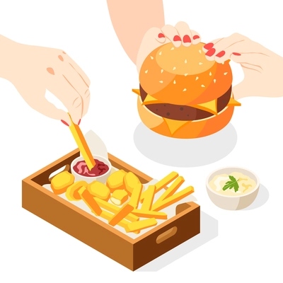 Burger house isometric background with view of human hands with combo menu fries and sauce dish vector illustration