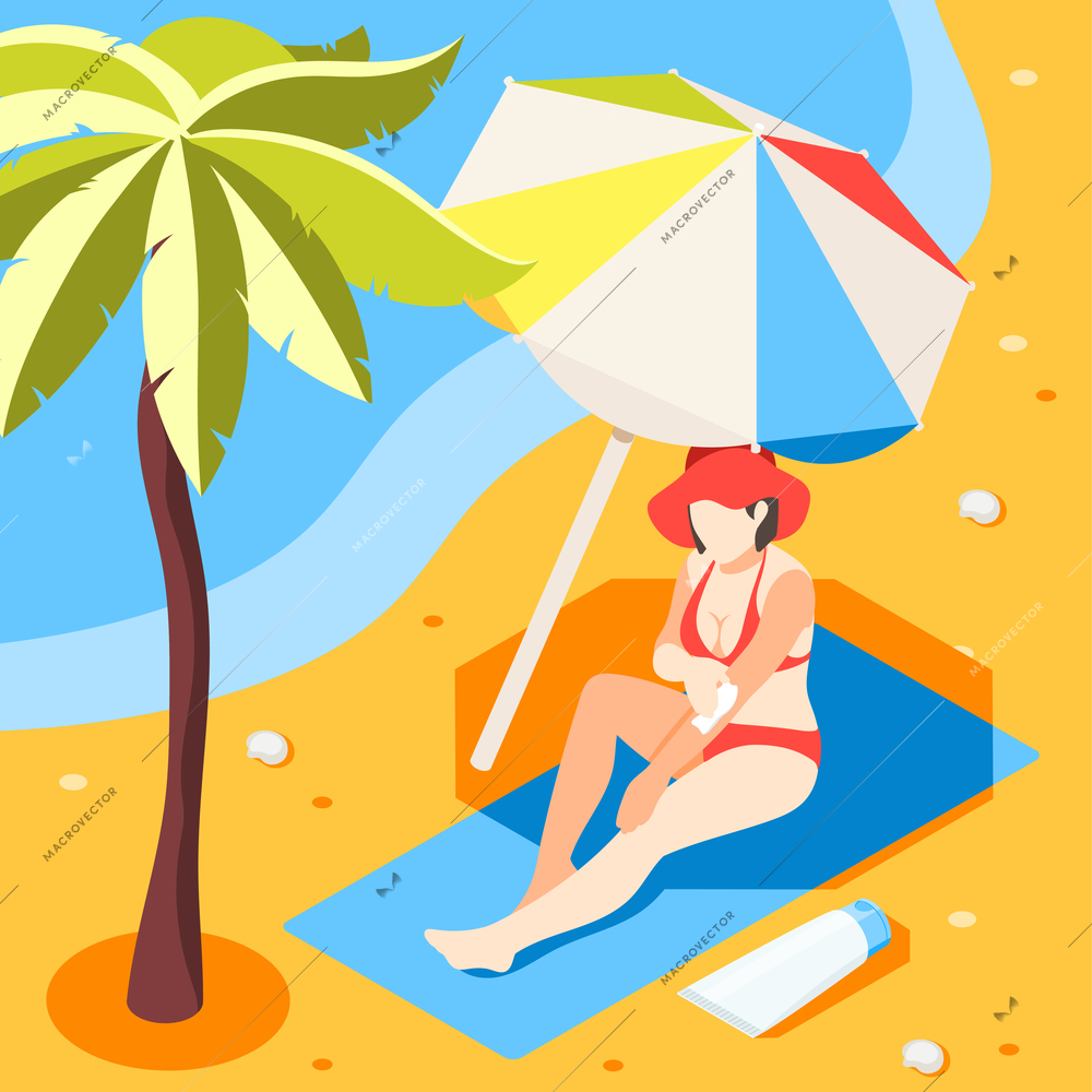 Sunscreen isometric background composition with view of summer beach umbrella and woman salving herself with cream vector illustration