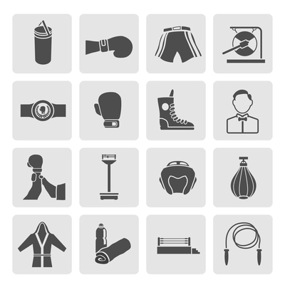 Set of boxing winner referee equipment weights icons in gray color on grey squares vector illustration