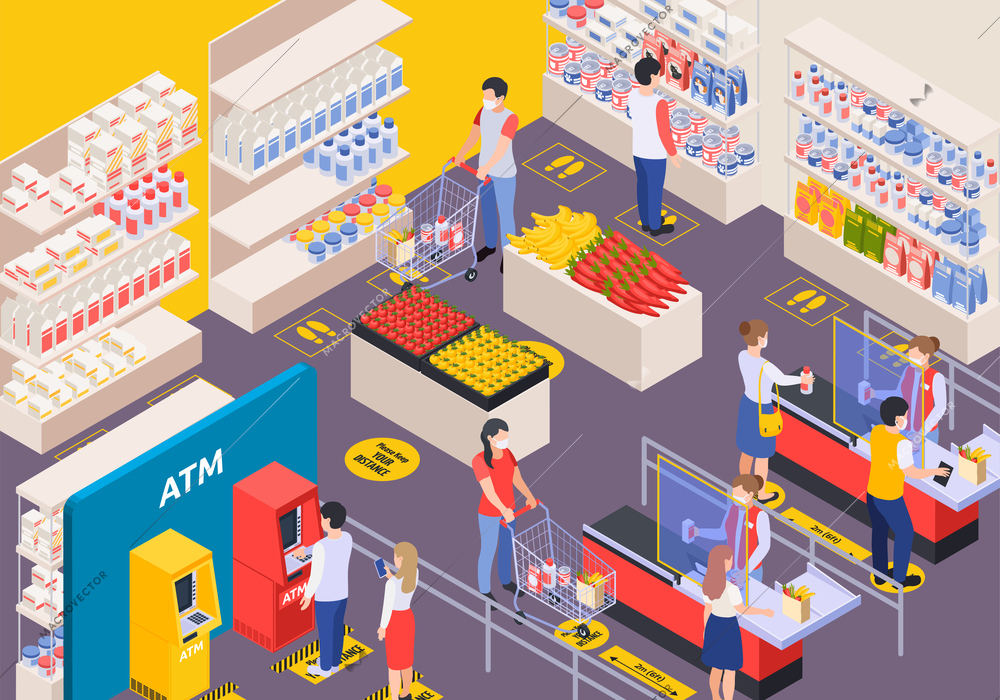 Customers in supermarket interior with markup for social distancing isometric background 3d vector illustration