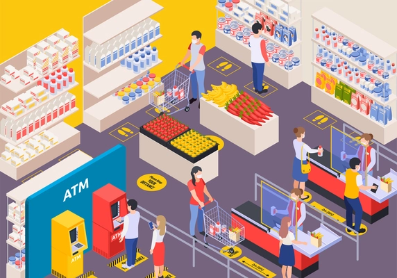 Customers in supermarket interior with markup for social distancing isometric background 3d vector illustration