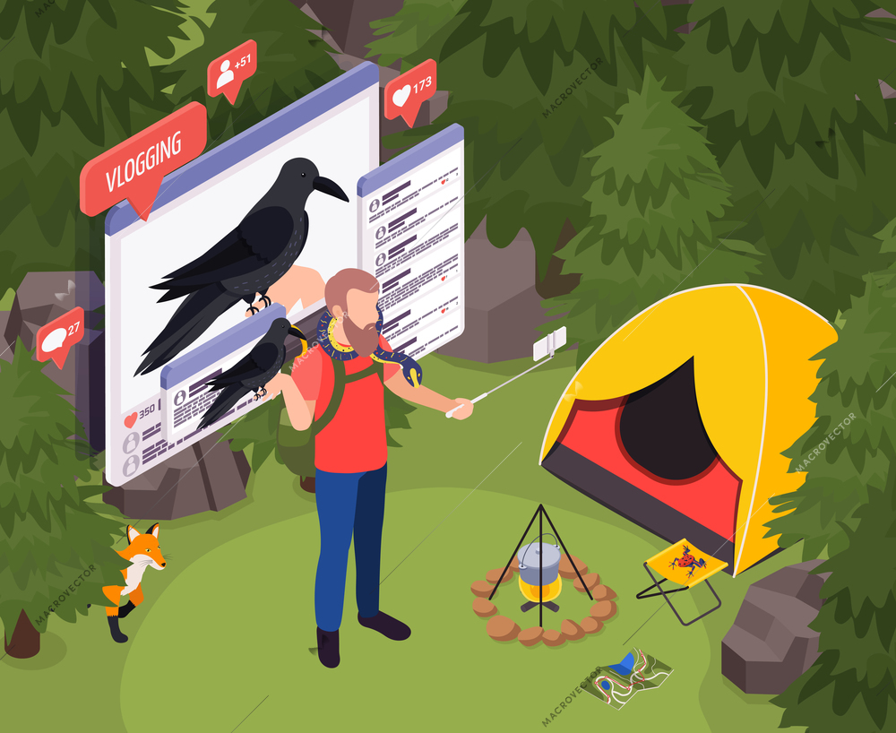 Touristic blogging in forest isometric background with man recording vlog about his pet using smartphone vector illustration