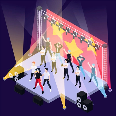 K pop music boys group singing and dancing on outdoor stage isometric background vector illustration