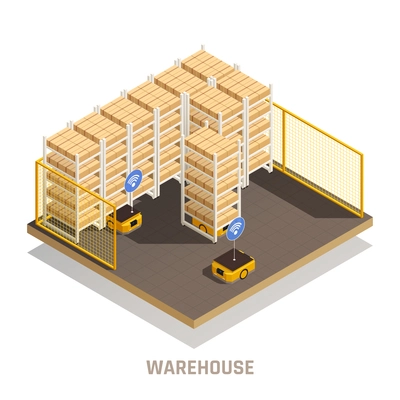 Modern warehouse fully automated computer controlled robotic equipment for cargo storage tracking distribution isometric composition vector illustration