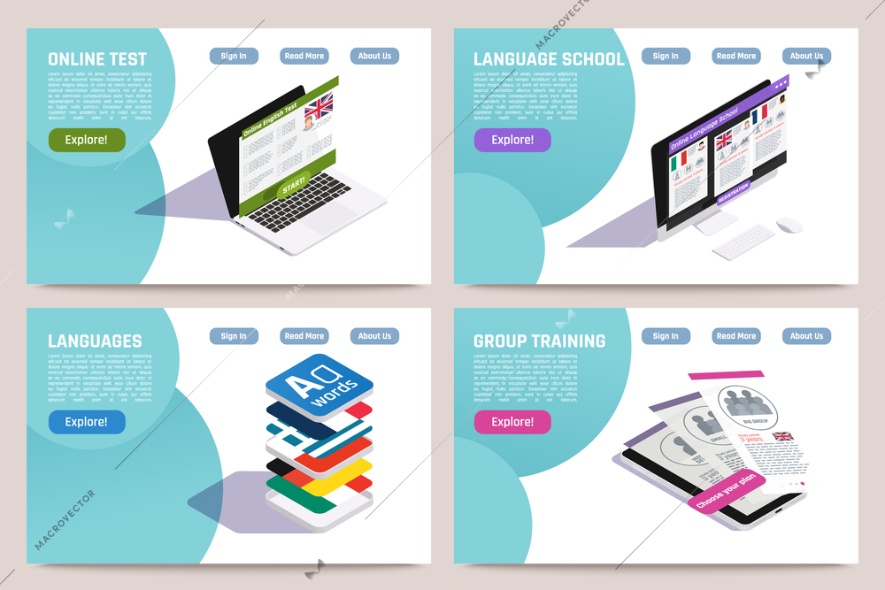 Foreign language learning concept 4 isometric web pages set with online school group training test vector illustration