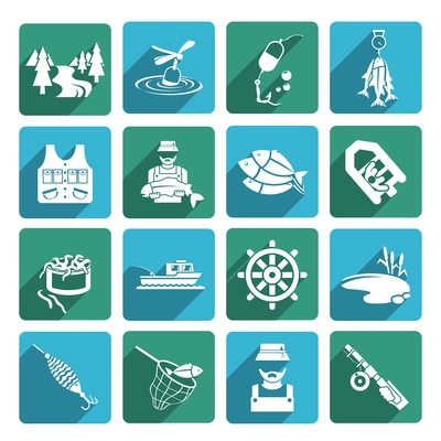 Set of fish fisher hobby leisure white icons on blue and green squares isolated on white vector illustration