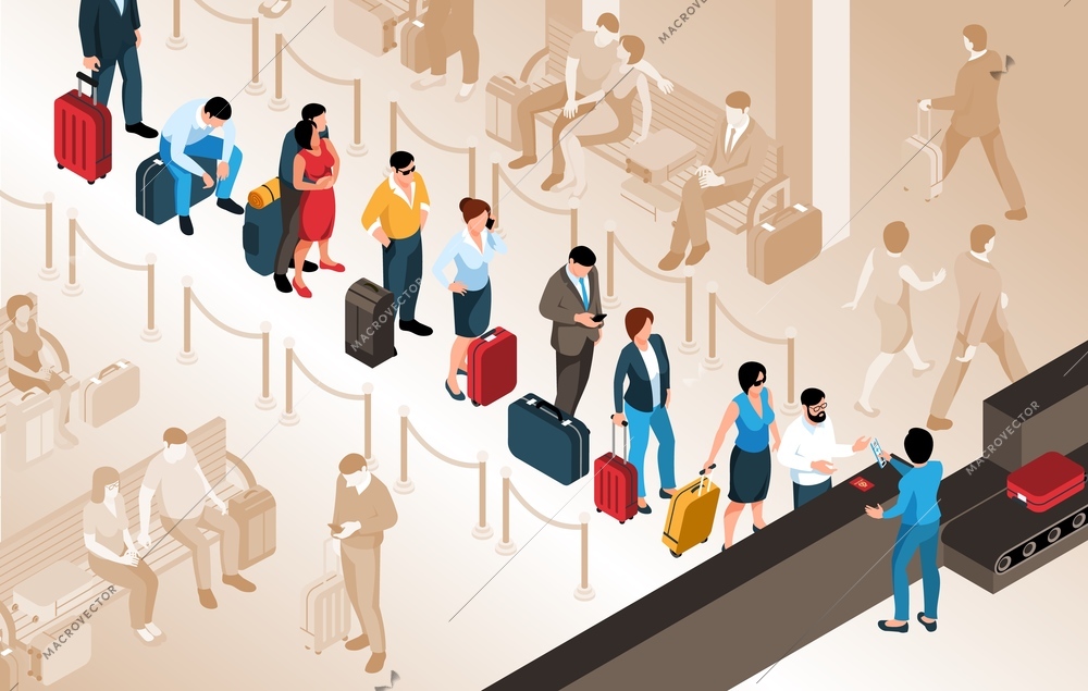 People with suitcases standing in queue in airport 3d isometric vector illustration