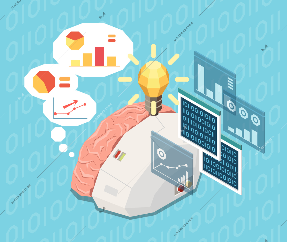 Artificial intelligence isometric composition with image of half electronic human brain thinking of graphs and data vector illustration