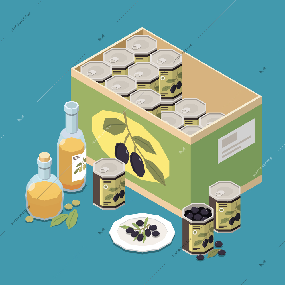 Olive production isometric composition with images of ready products bottles of olive oil and can box vector illustration