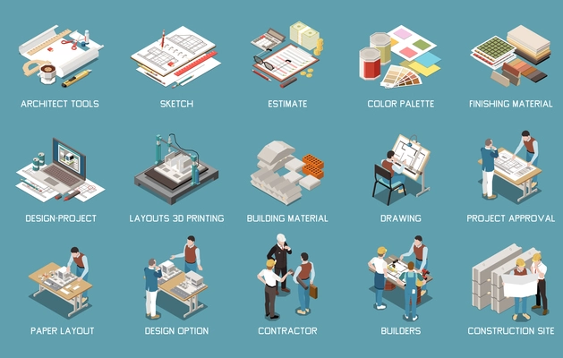 Architect isometric set of isolated icons and images of tools and materials with project and people vector illustration