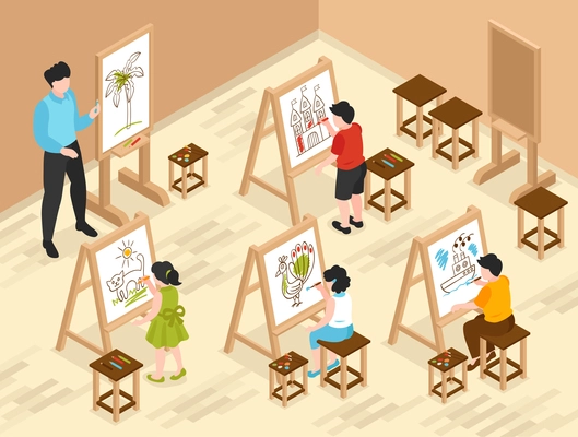 Isometric children art school composition with indoor classroom scenery and characters of teacher and young pupils vector illustration