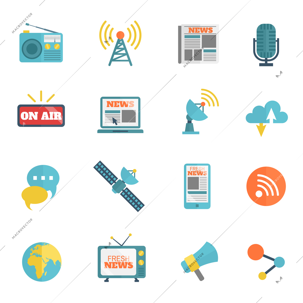 Set of media news tv global technology icons flat set vector illustration