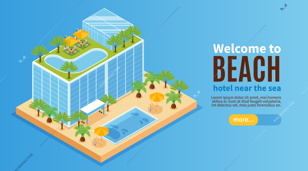 Isometric hotel water park horizontal banner with editable text more button and inn building with pools vector illustration