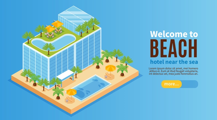 Isometric hotel water park horizontal banner with editable text more button and inn building with pools vector illustration